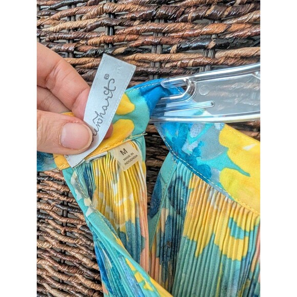 Keren Hart Floral Halter Neck Tie Back Accordian Pleats Artsy Top Womens Medium - Picture 7 of 7